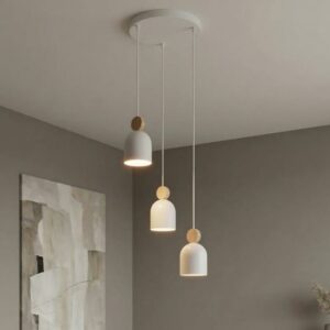 Biała lampa wisząca Mesi 3 Premium - metal i drewno