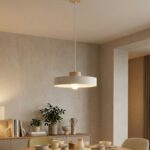 Biała lampa wisząca do jadalni Kivi 35 - nowoczesna - okrągły metalowy klosz z drewnem
