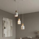 Biała lampa wisząca do kuchni Mesi 3 Premium - metalowe klosze z dodatkiem drewna
