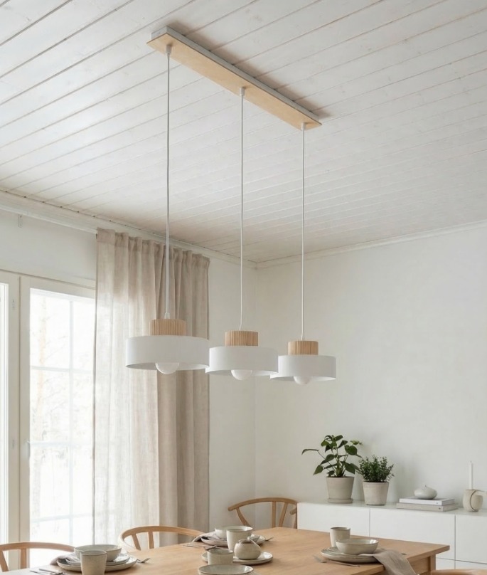 Biała lampa wisząca na listwie Kivi 3 - 3 okrągłe klosze z drewnem