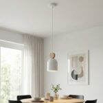 Biała lampa wisząca nad okrągły stół Mesi - skandynawska - metal i drewno