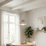 Biała lampa wisząca nad okrągły stolik Kivi 20 - klosz z drewnem - styl skandynawski