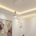 Biała lampa wisząca nad stół do salonu Mesi 3 Premium - 3 metalowe klosze z drewnem