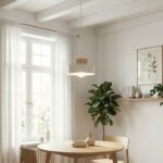 Biała lampa wisząca nad stolik Kivi 20 - klosz z drewnem