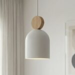 Biała lampa wisząca nad wyspę Mesi - styl skandynawski