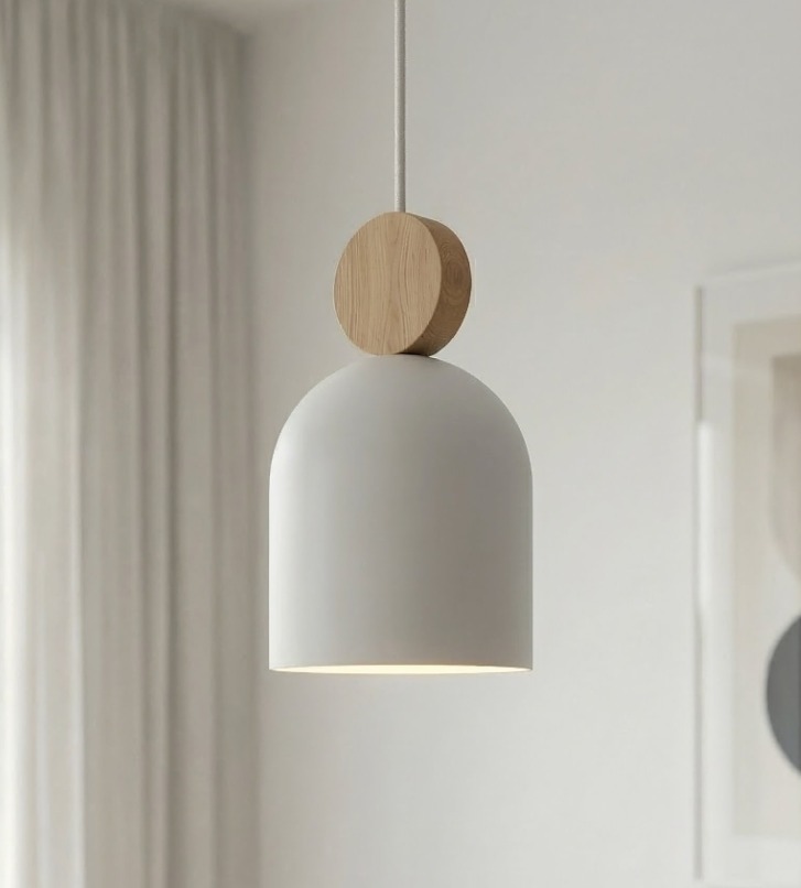 Biała lampa wisząca nad wyspę Mesi - styl skandynawski