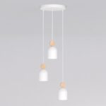 Biała lampa wisząca nad wyspę kuchenną Mesi 3 Premium - 3 metalowe klosze z drewnem - skandynawska