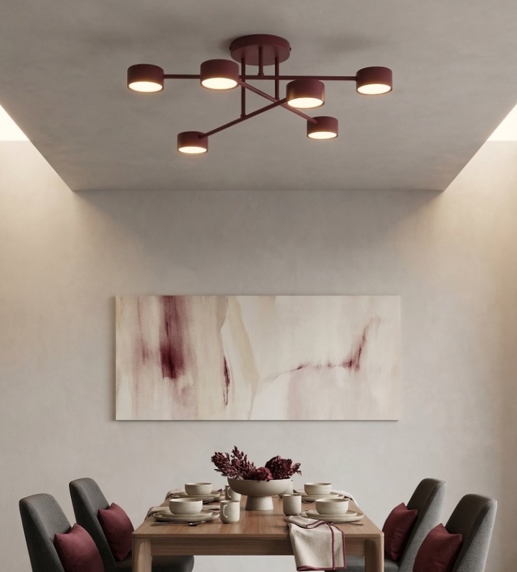 Burgundowa lampa sufitowa Halo 6 do salonu - 6 kloszy