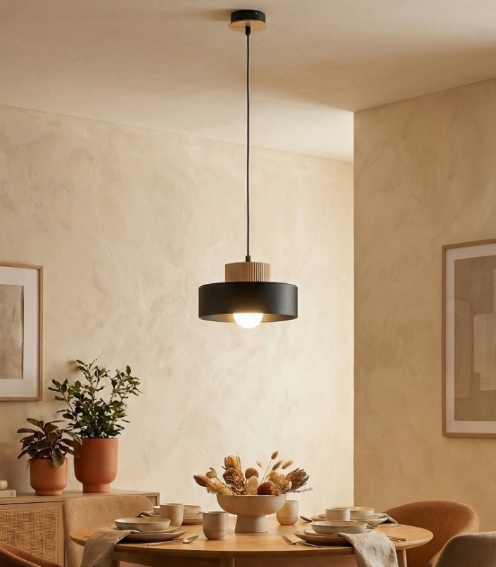 Czarna lampa wisząca Kivi 20 - klosz z drewnem