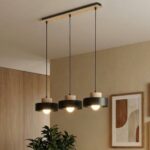 Czarna lampa wisząca Kivi 3 - 3 metalowe klosze z drewnem