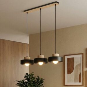 Czarna lampa wisząca Kivi 3 - metalowe klosze z drewnem