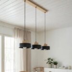 Czarna lampa wisząca Kivi 3 - 3 metalowe klosze z drewnem - nad stół do salonu