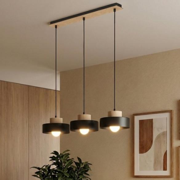 Czarna lampa wisząca Kivi 3 - 3 metalowe klosze z drewnem