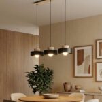 Czarna lampa wisząca nad okrągły stół Kivi 3 - 3 metalowe klosze z drewnem - do salonu