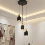 Lampa wisząca do salonu Mesi 3 Premium czarna - 3-punktowa - styl skandynawski - metal i drewno