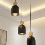 Lampa wisząca nad stół Mesi 3 Premium czarna - 3 metalowe kosze o formie kapsuły z dodatkiem drewna