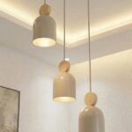 Lampa wisząca nad wyspę Mesi 3 Premium beżowa - 3 metalowe klosze z drewnianym krążkiem