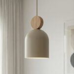 Lampa wisząca nad wyspę Mesi 3 beżowa - 3 metalowe klosze z drewnem