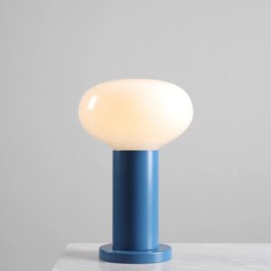 Mała lampka stołowa Flo Sky 19 niebieska - opalowy klosz