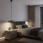 Metalowa lampa wisząca Babel - beżowo-czarny warstwowy klosz - nad szafkę nocną