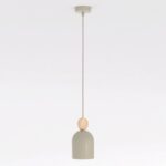 Minimalistyczna lampa wisząca do kuchni Mesi beż - metalowy klosz i okrągły element z drewna