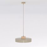 Nowoczesna lampa wisząca do salonu Kivi 35 beżowa - okrągły metalowy klosz i drewniany akcent