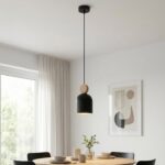 Nowoczesna lampa wisząca nad okrągły stół Mesi czarna - metalowy klosz kapsuła i drewno
