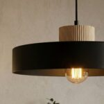 Nowoczesna lampa wisząca nad stół Kivi 35 czarna - okrągła - metalowy klosz z drewnem
