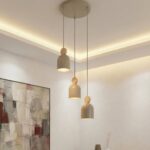 Potrójna lampa wisząca do jadalni Mesi 3 Premium beż - 3 metalowe klosze z drewnem