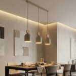 Skandynawska lampa wisząca do kuchni Mesi 3 beżowa z drewnem - potrójna