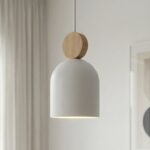 Skandynawska lampa wisząca nad wsypę kuchenną Mesi 3 - 3 białe klosze - metal i drewno