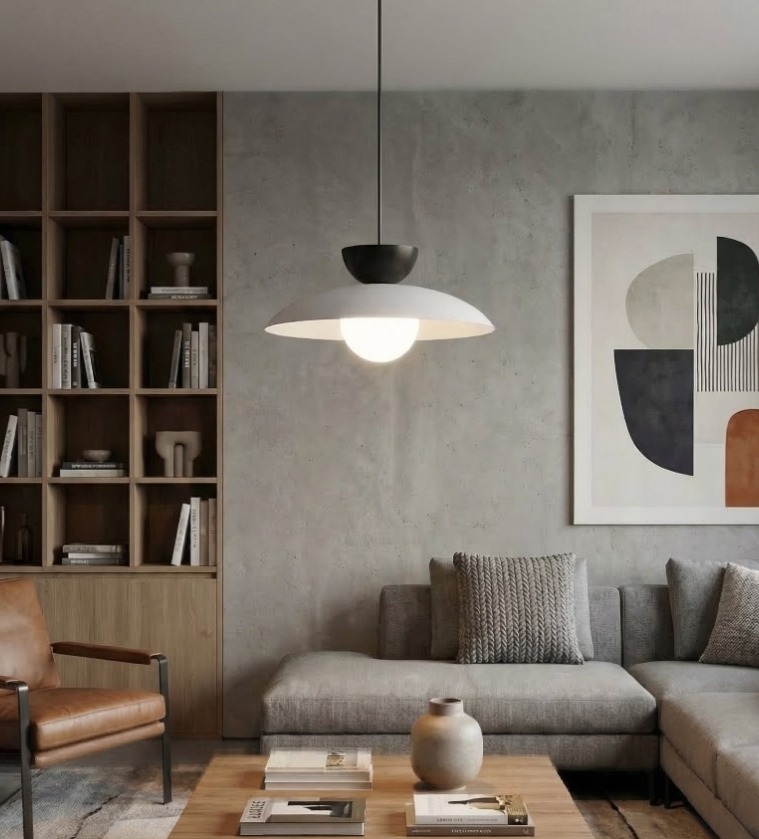 Szara lampa wisząca do salonu Mulan - z czarnym detalem