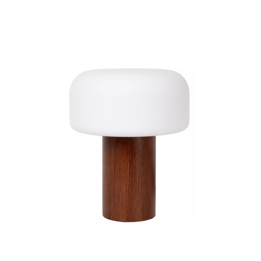 Lampa stołowa drewniana Kenan - matowy biały klosz, nastrojowe światło, do salonu