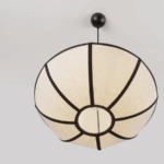 Hikari 45 – lampa wisząca z lnu w stylu japandi, szeroki klosz w czarne pasy