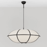 Hikari 70 – lniana lampa wisząca japandi z dużym kloszem ozdobionym czarnymi liniami