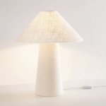 Lampa stołowa stożkowa Aurea - japandi lniany klosz - miękkie światło