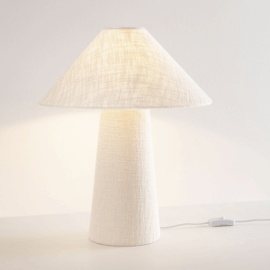 Lampa stołowa stożkowa Aurea - japandi lniany klosz - miękkie światło