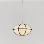 Lampa wisząca Hikari 45 z lnu japandi – owalny beżowy klosz z czarnymi paskami