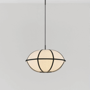 Lampa wisząca Hikari 45 z lnu japandi – owalny beżowy klosz z czarnymi paskami