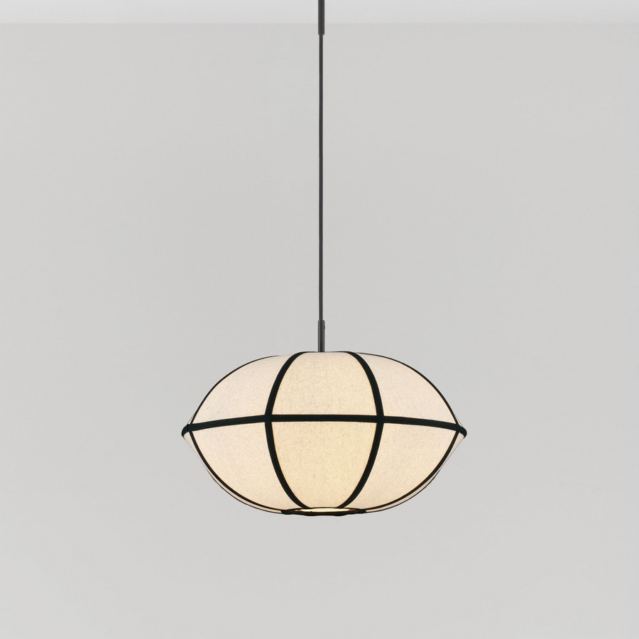Lampa wisząca Hikari 45 z lnu japandi – owalny beżowy klosz z czarnymi paskami