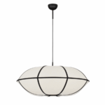 Lampa wisząca Hikari 70 z lnu – styl japandi, szeroki klosz w czarne paski