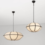 Lniana lampa Hikari w estetyce japandi – szeroki klosz z kontrastowymi czarnymi paskami