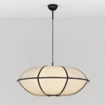 Lniana lampa sufitowa Hikari 70 japandi z szerokim kloszem i czarnymi akcentami
