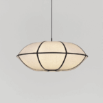 Lniana lampa wisząca Hikari 70 w stylu japandi - szeroki klosz z czarnymi paskami - 2