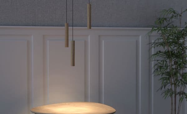 drewniana lampa wisząca z małym kloszem, styl skandynawski - aranżacja