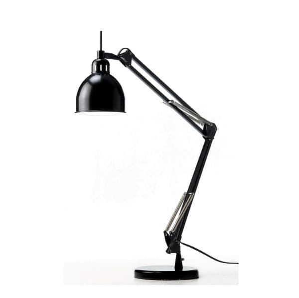 czarna, metalowa lampa biurkowa z regulowanym ramieniem