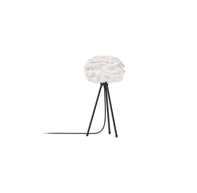 lampa stołowa na czarnym trójnogu, biały klosz kula z piór