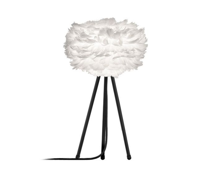 biały klosz na czarnej podstawie w formie trójnogu, lampa stołowa w skandynawskim stylu