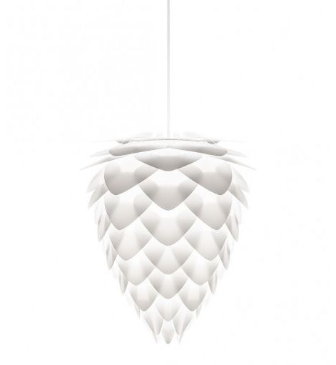 biała lampa wisząca w stylu skandynawskim, kształt szyszki
