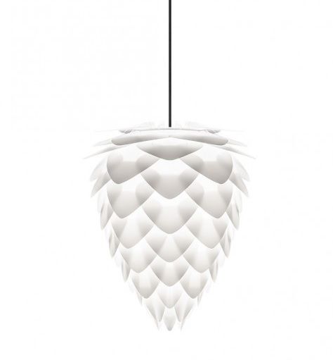biała lampa wisząca w kształcie szyszki, nowoczesny styl